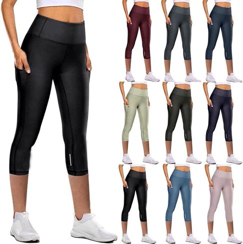 Capri Leggings with Pocket for Women Tummy Control Yoga Pants Reflective Running Compression Capris Tights in Kuwait