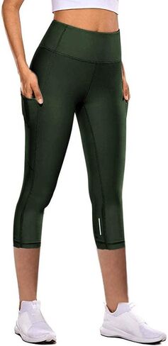 Capri Leggings with Pocket for Women Tummy Control Yoga Pants Reflective Running Compression Capris Tights in Saudi Arabia