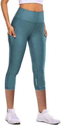 Capri Leggings with Pocket for Women Tummy Control Yoga Pants Reflective Running Compression Capris Tights in Saudi Arabia