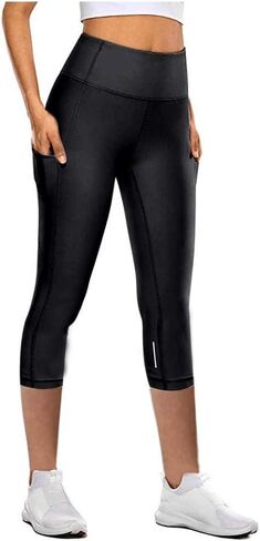 Capri Leggings with Pocket for Women Tummy Control Yoga Pants Reflective Running Compression Capris Tights in Saudi Arabia