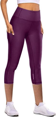 Capri Leggings with Pocket for Women Tummy Control Yoga Pants Reflective Running Compression Capris Tights in Saudi Arabia