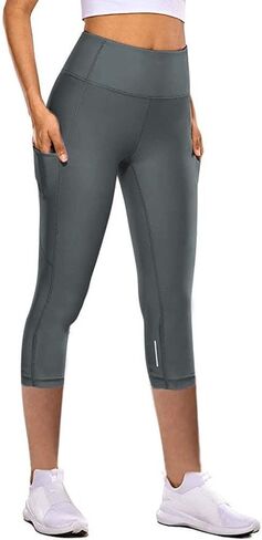 Capri Leggings with Pocket for Women Tummy Control Yoga Pants Reflective Running Compression Capris Tights in Saudi Arabia