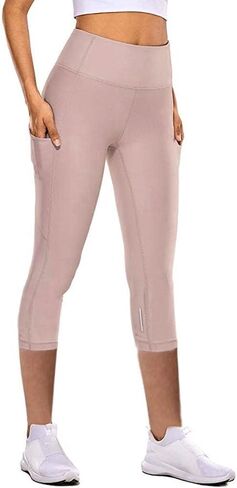 Capri Leggings with Pocket for Women Tummy Control Yoga Pants Reflective Running Compression Capris Tights in Saudi Arabia
