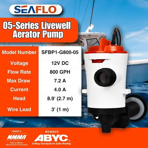SEAFLO 05 Series 800 GPH Angled Baitwell/Livewell Pump- 12V DC, Detachable Motor, Corrosion-Resistant Submersible Aerator for Freshwater and Saltwater Use - CE & Rohs Certified-4 Year Warranty in Saudi Arabia