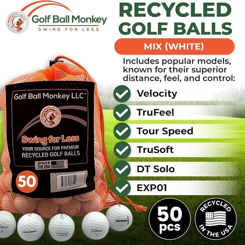Golf Ball Monkey Cheap Recycled for Titleist Golf Balls Bulk Mix White w/ 15 Tees & Mesh Bag - Used for Titleist Velocity, TruFeel, Tour Speed, TruSoft, DT Solo, EXP01 & Tour Soft in Kuwait