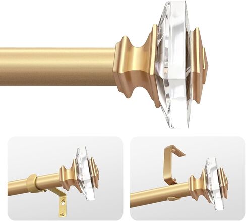 1 inch Curtain Rods for windows 36 to 72" with Square Crystal Diamond Finials, Single Rod Adjustable Curtain Rod(Gold) in Kuwait
