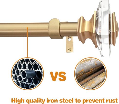 1 inch Curtain Rods for windows 36 to 72" with Square Crystal Diamond Finials, Single Rod Adjustable Curtain Rod(Gold) in Kuwait