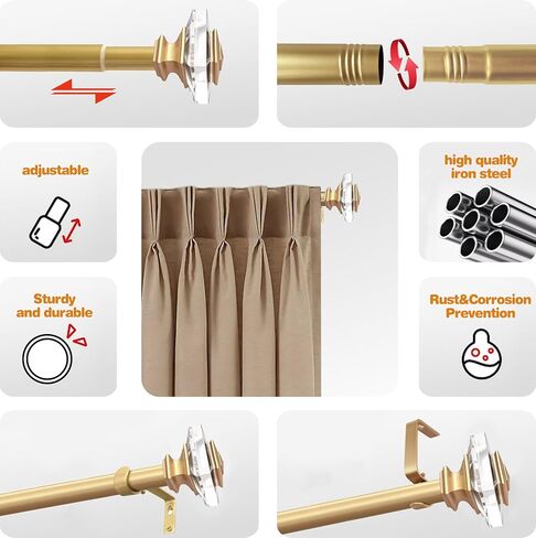 1 inch Curtain Rods for windows 36 to 72" with Square Crystal Diamond Finials, Single Rod Adjustable Curtain Rod(Gold) in Kuwait