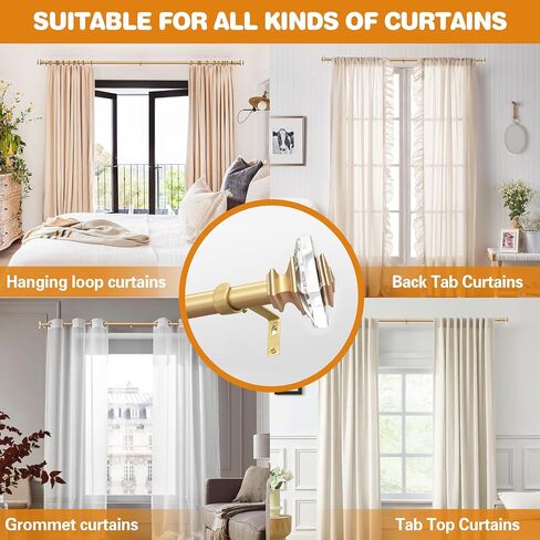 1 inch Curtain Rods for windows 36 to 72" with Square Crystal Diamond Finials, Single Rod Adjustable Curtain Rod(Gold) in Kuwait