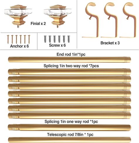1 inch Curtain Rods for windows 36 to 72" with Square Crystal Diamond Finials, Single Rod Adjustable Curtain Rod(Gold) in Kuwait