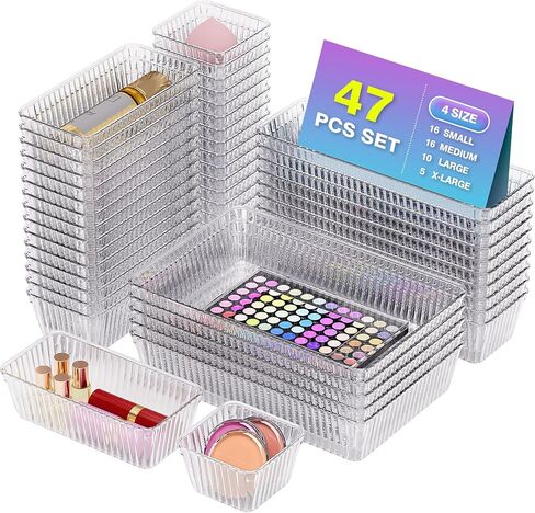 25 PCS Clear Plastic Drawer Organizer Set - 4 Sizes Makeup Organizer Desk Drawer Divider Bathroom Organizers and Storage Bins for Makeup, Jewelry, Gadgets, Office, Kitchen, Bedroom, Bathroom in Saudi Arabia