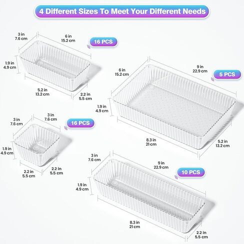 25 PCS Clear Plastic Drawer Organizer Set - 4 Sizes Makeup Organizer Desk Drawer Divider Bathroom Organizers and Storage Bins for Makeup, Jewelry, Gadgets, Office, Kitchen, Bedroom, Bathroom in Saudi Arabia