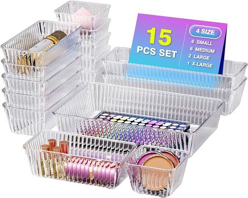 25 PCS Clear Plastic Drawer Organizer Set - 4 Sizes Makeup Organizer Desk Drawer Divider Bathroom Organizers and Storage Bins for Makeup, Jewelry, Gadgets, Office, Kitchen, Bedroom, Bathroom in Saudi Arabia