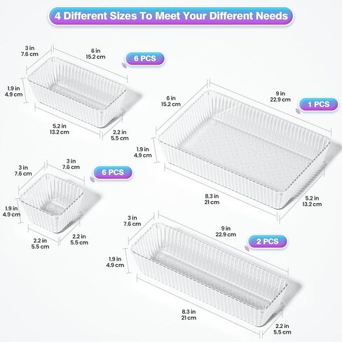 25 PCS Clear Plastic Drawer Organizer Set - 4 Sizes Makeup Organizer Desk Drawer Divider Bathroom Organizers and Storage Bins for Makeup, Jewelry, Gadgets, Office, Kitchen, Bedroom, Bathroom in Saudi Arabia