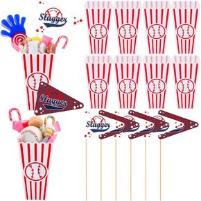 Vicenpal 12 Pcs Plastic Baseball Themed Popcorn Treat Boxes with 12 Pcs Pennant Flags for Baseball Team Senior Night Gift Decor Sport Party Favors in Kuwait