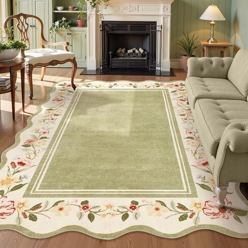 سجادة Lahome Floral Scalloped 5x7 ، السجاد الخضراء لغرفة المعيشة فائقة ، سجادة قابلة للغسل قابلة للغسل 5x7 سجاد غرفة نوم ناعمة سجادة رمي غير قابلة للانزلاق لمزرعة غرفة الطعام في مزرعة غرفة الطعام in Saudi Arabia
