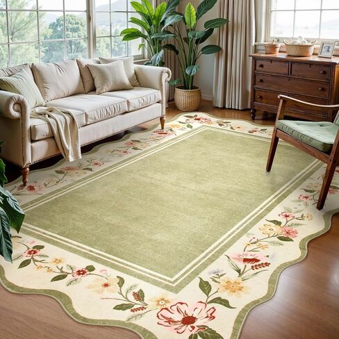 سجادة Lahome Floral Scalloped 5x7 ، السجاد الخضراء لغرفة المعيشة فائقة ، سجادة قابلة للغسل قابلة للغسل 5x7 سجاد غرفة نوم ناعمة سجادة رمي غير قابلة للانزلاق لمزرعة غرفة الطعام في مزرعة غرفة الطعام in Saudi Arabia