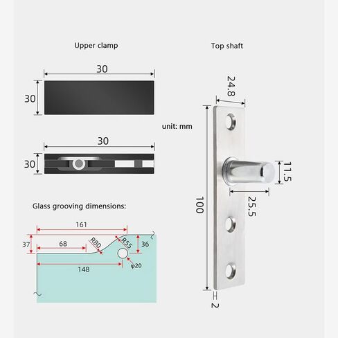 1 Set s Hydraulic Buffer Pivot Hinges Brushed Stainless Steel Glass Clamps Bathroom Clamps Shower Door Fittings for 1012mm toughened Glass(Dark Grey) in Kuwait