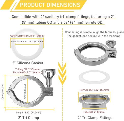 20 Pack 2 Inch Tri Clamps with Silicone Gaskets 2" Single Pin Tri-Clamp Standard Duty Sanitary TC Fittings 304 Stainless Steel Quick Connect Clamp in Saudi Arabia