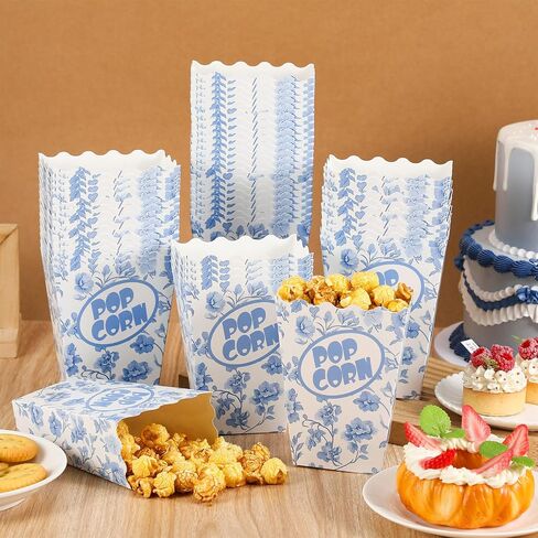 Marspark 50 Pack Blue Floral Party Popcorn Joxes - Chinoiserie Flowers Vintage Paper Popcorn Boxes Frose For Birthday ، Night Movie ، Carnivals in Saudi Arabia