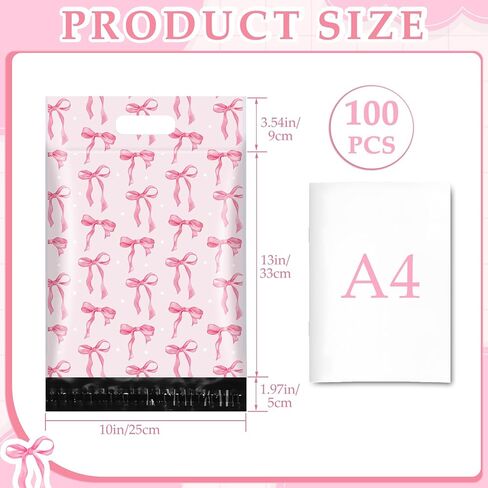 100Pcs Pink Bow Poly Mailers 10x13 Inch Waterproof Pink Shipping Bags with Build-in Handle Heavy Duty Tear-Resistant Self Adhesive Mailing Envelopes Bulk for Small Business in Saudi Arabia