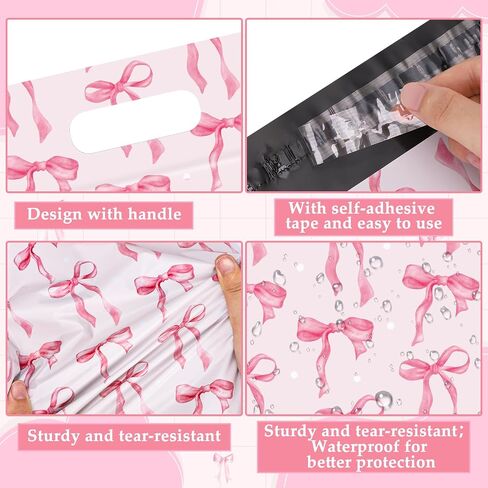 100Pcs Pink Bow Poly Mailers 10x13 Inch Waterproof Pink Shipping Bags with Build-in Handle Heavy Duty Tear-Resistant Self Adhesive Mailing Envelopes Bulk for Small Business in Saudi Arabia
