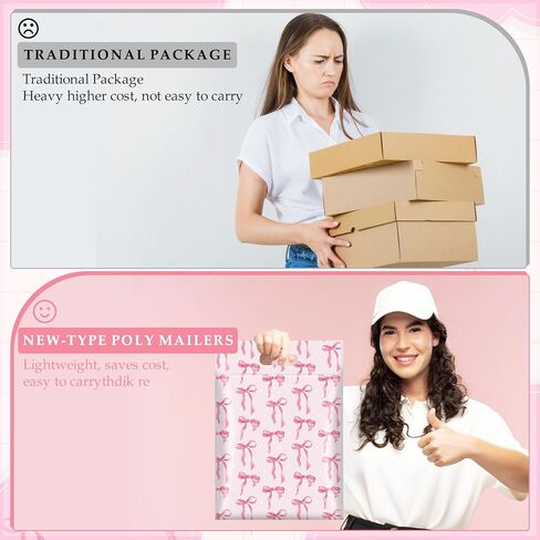 100Pcs Pink Bow Poly Mailers 10x13 Inch Waterproof Pink Shipping Bags with Build-in Handle Heavy Duty Tear-Resistant Self Adhesive Mailing Envelopes Bulk for Small Business in Saudi Arabia
