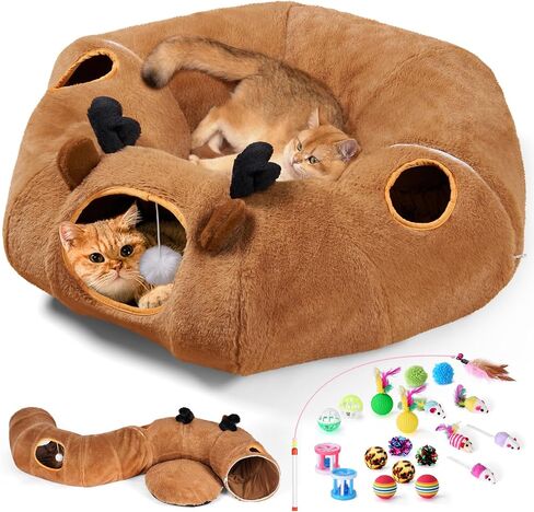 Odoland Summer Linen Cat Tunnels للقطط الداخلية مع سرير CART CAT CAT CATCED ، ألعاب CAT التفاعلية قابلة للفصل in Kuwait