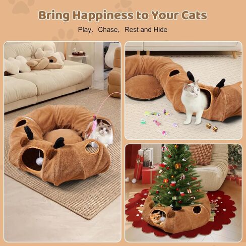 Odoland Summer Linen Cat Tunnels للقطط الداخلية مع سرير CART CAT CAT CATCED ، ألعاب CAT التفاعلية قابلة للفصل in Kuwait