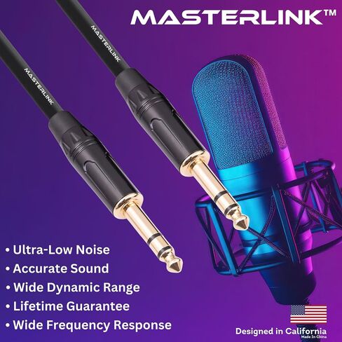 MASTERLINK 1/4 Inch TRS Instrument Cable 20 FT | Gold Connectors, Balanced 6.35mm Male to Male Jack Stereo Audio Balanced Line for Synths, Keyboard, Mixer, Amplifier, Speakers, Electric Bass Guitars in Saudi Arabia