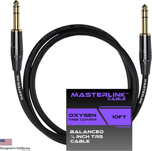 MASTERLINK 1/4 Inch TRS Instrument Cable 20 FT | Gold Connectors, Balanced 6.35mm Male to Male Jack Stereo Audio Balanced Line for Synths, Keyboard, Mixer, Amplifier, Speakers, Electric Bass Guitars in Saudi Arabia