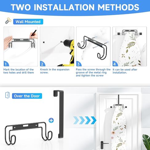 Over The Door & Wall Mount Ironing Board Hanger with Removable Hook, Metal Ironing Board Holder Organizer Wall Rack for Y & T Shaped (Black) in Kuwait