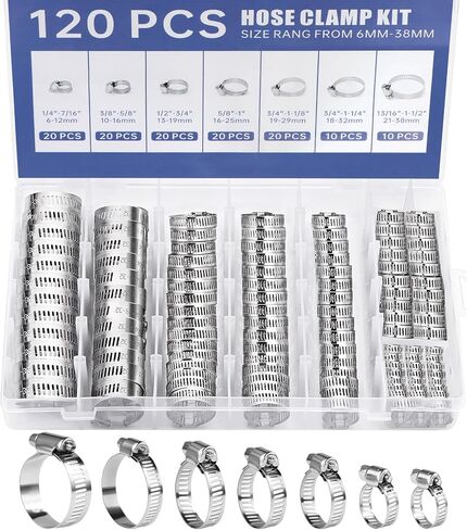 Eunice Stainless Steel Hose Clamps Assortment Kit, Hose Clamps with Worm Gear Adjustable 1/4'' to 1-1/2'' for Fuel Line, Plumbing, Automotive and Mechanical Applications (120 PCS) in Kuwait