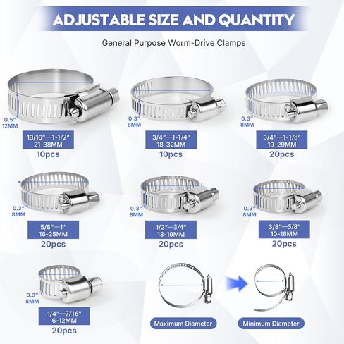 Eunice Stainless Steel Hose Clamps Assortment Kit, Hose Clamps with Worm Gear Adjustable 1/4'' to 1-1/2'' for Fuel Line, Plumbing, Automotive and Mechanical Applications (120 PCS) in Kuwait
