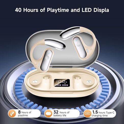 Open Ear Bluetooth 5.4 Headphones, 40Hrs Sport Earbuds,Ear Buds with Stereo Deep Bass and Built-in Mic, LED Display Charging Case, IPX7 Waterproof Earphones Equipped with Earhooks for Workout, White. in Saudi Arabia