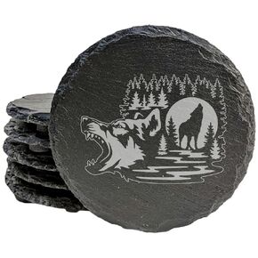 Howling Wolf Coasters: Rustic Slate with Laser Etched Design - Round Slate - set of 5 in Kuwait