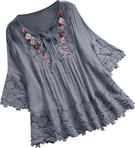 Generic Women Tunics or Tops to Wear with Leggings Lace Crochet Embroidery 3/4 Sleeve Blouse Boho T-Shirt Summer Loose Tops in Saudi Arabia