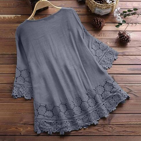 Generic Women Tunics or Tops to Wear with Leggings Lace Crochet Embroidery 3/4 Sleeve Blouse Boho T-Shirt Summer Loose Tops in Saudi Arabia
