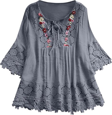 Generic Women Tunics or Tops to Wear with Leggings Lace Crochet Embroidery 3/4 Sleeve Blouse Boho T-Shirt Summer Loose Tops in Saudi Arabia