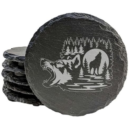 Howling Wolf Coasters: Rustic Slate with Laser Etched Design - Round Slate - set of 5 in Kuwait