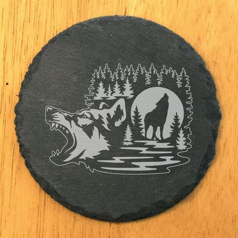 Howling Wolf Coasters: Rustic Slate with Laser Etched Design - Round Slate - set of 5 in Kuwait