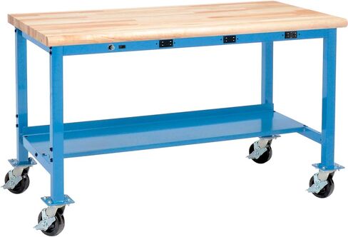 Global Industrial Mobile Workbench with Power Apron, Maple Block Safety Edge, 72" W x 36" D, Blue in Saudi Arabia