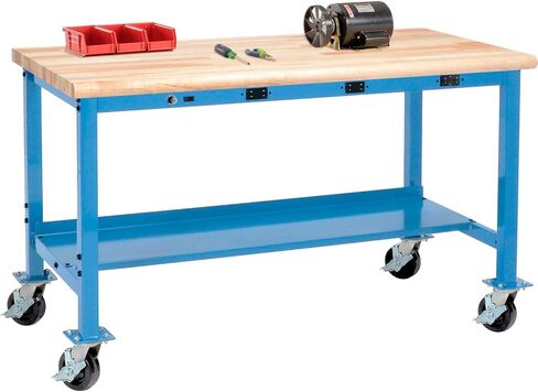 Global Industrial Mobile Workbench with Power Apron, Maple Block Safety Edge, 72" W x 36" D, Blue in Saudi Arabia