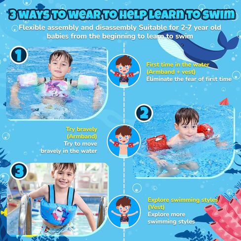Toddler Swim Vest, 3-in-1 Adjustable Toddler Floaties Kids 2-7 Years (22-66 lbs), Detachable Pool Float & Arm Bands, Puddle Jumper Style for Pool, Beach, Swimming in Saudi Arabia