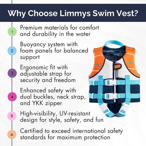Limmys Premium Kids Swim Vest – Toddler Swim Jacket and Buoyancy Swimming Aid – Modern Design Swimming Vest for Boys and Girls – Innovative Safety-First Features in Saudi Arabia