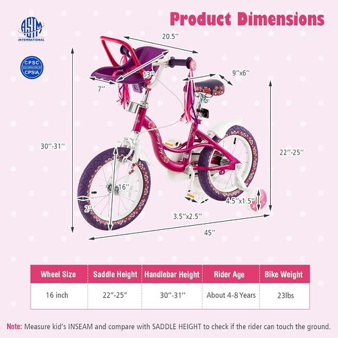 Baby Joy Kids Bike ، 12 14 16 18 بوصة أطفال دراجة مع عجلات تدريب قابلة للفصل ، سلة تخزين ، مقعد ومقبض قابل للتعديل ، القوس أو اللافتة ، دراجة الفتيات لمدة 3-8 سنوات in Kuwait