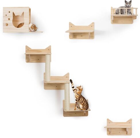 Wall Mounted Cat Tree - 7 PCS Cat Wall Shelves & Perches with Tall Sisal Scratching Posts, Wall Mount Cat Climbing Tree & Space-Saving Furniture for Indoor Cats to Climb, Scratch & Lounge in Saudi Arabia