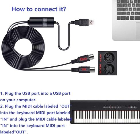 MIDI USB Interface Cable Adapter With Input & Output for Piano Keyboard/Synthesizer, Professional Recording & Editing on Windows/Mac, Black (6.5Ft) in Saudi Arabia