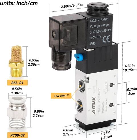 4v210-08 ملف لولبي ملهى هوائي DC24V ، 2 وضع 5 ، 1/4 "NPT ، ملف واحد تفعيل ، صمام الهواء الكهربائي سريع الاستجابة مع صندوق الوصلات وتوصيلات سريعة in Kuwait