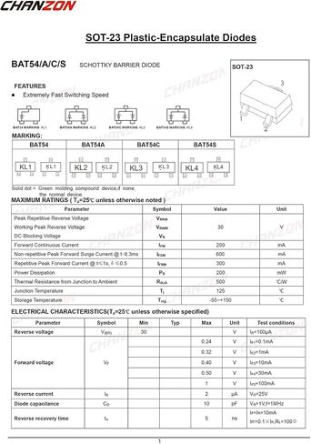 (Pack of 100 Pieces) Chanzon BAT54C SMD Schottky Barrier Rectifier Diodes 200mA 30V SOT-23 (SOT-23-3) 0.2A 30 Volt (Marking KL3) in Saudi Arabia